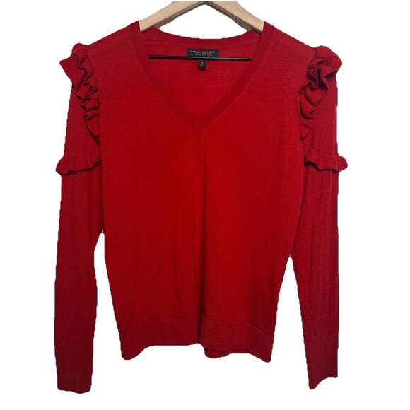 Banana Republic Womens 100% Merino Wool Medium Petite Sweater Ruffle Long Sleeve - Picture 1 of 11
